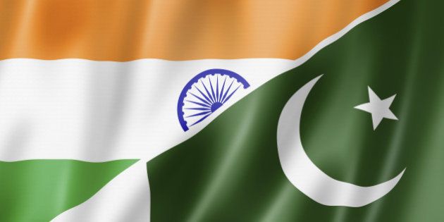 Mixed India and Pakistan flag, three dimensional render, illustration
