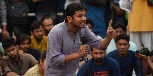 NEW DELHI, INDIA - MARCH 7: Jawaharlal Nehru University Students Union President Kanhaiya Kumar speaks at the JNU Campus, on March 7, 2016 in New Delhi, India. JNUSU President Kanhaiya Kumar was granted interim bail for six months by the Delhi High Court after spending 20 days in jail. Kumar was arrested on February 12 on charges of sedition and criminal conspiracy after alleged anti-national slogans were raised on the JNU campus on February 9. (Photo by Vipin Kumar/Hindustan Times via Getty Images)