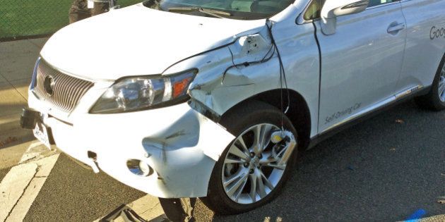 This Feb. 14, 2016, photo provided by the Santa Clara Valley Transportation Authority shows damage to a self-driving Lexus SUV, operated by Google, that collided with a public bus in Mountain View, Calif. Cameras aboard the bus recorded the Lexus edging into the path of the bus and hitting its right side. (Santa Clara Valley Transportation Authority via AP) MANDATORY CREDIT
