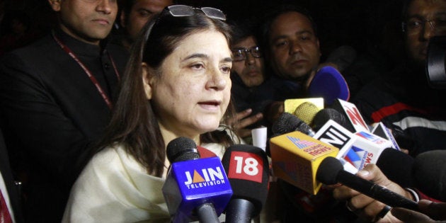 NEW DELHI, INDIA - DECEMBER 22: Union Minister for Women & Child Development, Maneka Sanjay Gandhi at Parliament during the winter session, on December 22, 2015 in New Delhi, India. Parliament passed the juvenile justice bill, a day after members cutting across party lines agreed that the important legislation should be taken up immediately. (Photo by Sanjeev Verma/Hindustan Times via Getty Images)