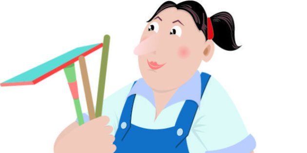 An illustration of an icon of a female worker in cleaning service or an image of domestic helper