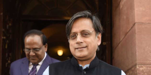 NEW DELHI, INDIA - FEBRUARY 23: Shashi Tharoor, Member of Parliament from Thiruvananthapuram, during the Parliament Budget Session 2016, at Parliament House on February 23, 2016 in New Delhi, India. (Photo by Sonu Mehta/Hindustan Times via Getty Images)