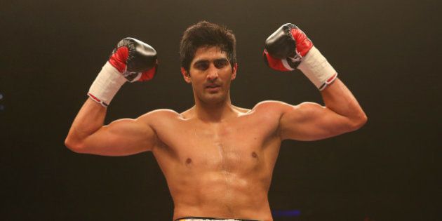 LIVERPOOL, ENGLAND - MARCH 12: Vijender Singh celebrates beating Alexander Horvath during their Middleweight contest at the Echo Arena on March 12, 2016 in Liverpool, England. (Photo by Dave Thompson/Getty Images)