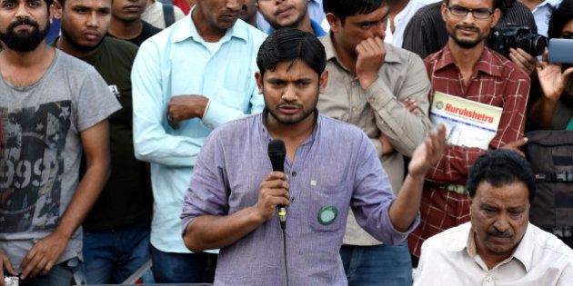 NEW DELHI, INDIA - MARCH 9: Jawaharlal Nehru University Students' Union President Kanhaiya Kumar addresses JNU teachers during the protest against the arrest of JNUSU students at JNU campus, on March 9, 2016 in New Delhi, India. JNU students' Union President Kanhaiya Kumar and two other students Umar Khalid and Anirban Bhattacharya were arrested on sedition charges for allegedly chanting anti-national slogans and favour of independence for Kashmir during an event at JNU's campus last month. (Photo by Sanjeev Verma/Hindustan Times via Getty Images)