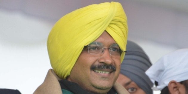 MUKTSAR, INDIA - JANUARY 14: Delhi Chief Minister Arvind Kejriwal during a public rally on the occasion of Maghi Mela (festival) at Muktsar on January 14, 2016 in Bathinda, India. Giving a kick-start to AAPâs campaign for 2017 Punjab polls, its convener Arvind Kejriwal launched a scathing attack on both Akalis and Congress, accusing them of being hand in glove with each other, and asked people to vote for AAP to end corruption, drug abuse, farmer suicides and put the state back on right track. (Photo by Sameer Sehgal/Hindustan Times via Getty Images)