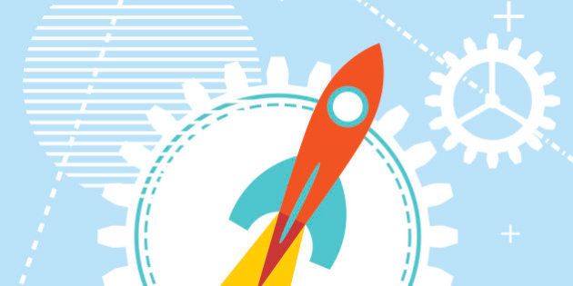 Blue technology background with a rocket at the start. Design your start-ups, workshops, training programs and projects. Vector illustration.