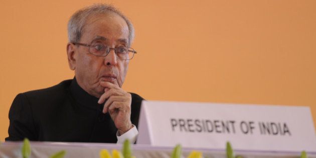 NEW DELHI, INDIA - NOVEMBER 14: President Pranab Mukherjee during the inauguration of the 35th Indian International Trade Fair 2015 at Pragati Maidan on November 14, 2015 in New Delhi, India. The two-week exposition concludes on November 27, with the first five days reserved exclusively for business visitors. Over 7,000 firms from India and overseas are participating in the fair. (Photo by Sonu Mehta/Hindustan Times via Getty Images)