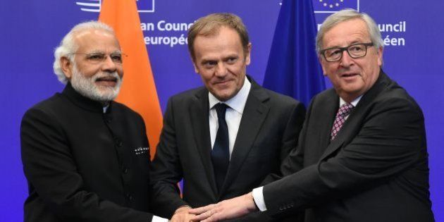 European council President Donald Tusk (3rdL), EU Commission President Jean-Claude Juncker (2ndL) and Indian Prime Minister Narendra Modi (3rdR) attend a one-day EU-India summit, with talks on improving counter-terrorism cooperation high on the agenda. / AFP / JOHN THYS (Photo credit should read JOHN THYS/AFP/Getty Images)