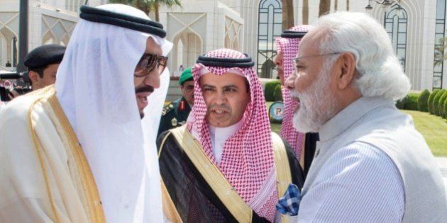 A handout picture provided by the Saudi Press Agency (SPA) on April 3, 2016 shows Saudi King Salman bin Abdulaziz (L) and India's Prime Minister Narendra Modi shaking hands during their meeting in Riyadh. Modi is on a visit to Saudi Arabia where he will discuss energy, security and trade cooperation with leaders of the world's largest crude exporter. / AFP / SPA / STRINGER (Photo credit should read STRINGER/AFP/Getty Images)