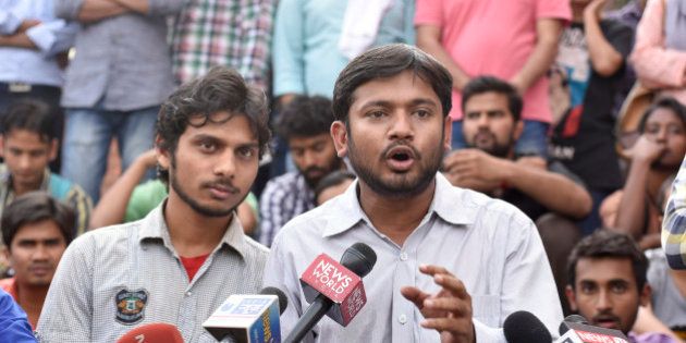 NEW DELHI, INDIA - MARCH 18: Students' Union President Kanhaiya Kumar addresses the media at the JNU campus on March 18, 2016 in New Delhi, India. (Photo by Saumya Khandelwal/Hindustan Times via Getty Images)