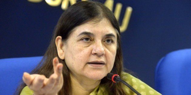 NEW DELHI,INDIA SEPTEMBER 17: Union Cabinet Minister for Women & Child Development Maneka Sanjay Gandhi addressing a press conference in New Delhi.(Photo by Yasbant Negi/India Today Group/Getty Images)