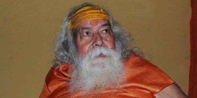 BHOPAL, INDIA - OCTOBER 30: (Editors Note: This is an exclusive shoot of Hindustan Times) Shankaracharya Swami Swaroopanand Saraswati during an interview with Hindustan Times, on October 30, 2015 in Bhopal, India. Sharpening his attack on Sai Baba, Shankaracharya Swami Swaroopanand Saraswati in Bhopal on Friday released a poster in which Lord Hanuman is shown driving out the revered spiritual master with a tree trunk. Swami Swaroopanand said that the trust formed on the name of Sai was responsible to spoil Hindu dharma in the country. He also said that Sai Baba was projected superior to lord Hanuman and other Hindu Gods by the trust, which was unacceptable. (Photo by Praveen Bajpai/Hindustan Times via Getty Images)