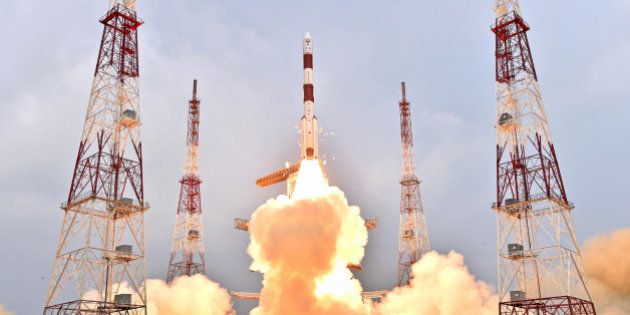 SRIHARIKOTA, Jan. 21, 2016-- PSLV-C31 rocket of Indian Space Research Organisation carrying IRNSS-1E satellite lifts off from the Satish Dhawan Space Center in Sriharikota, Andhra Pradesh, India, Jan. 20, 2016. India Wednesday successfully launched its fifth navigation satellite from the spaceport of Sriharikota in the southern state of Andhra Pradesh. (Xinhua/ISRO via Getty Images)