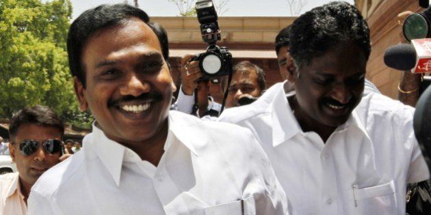 NEW DELHI, INDIA - MAY 16: Former Telecom Minister and DMK MP A Raja arrive at Parliament house to attend the budget session on May 16, 2012 in New Delhi, India. He was released yesterday on bail in 2G spectrum case. (Photo by Arvind Yadav/ Hindustan Times via Getty Images)