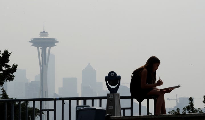 A photo shows the smoky haze that obscured the Space Needle and downtown Seattle in August 2018.