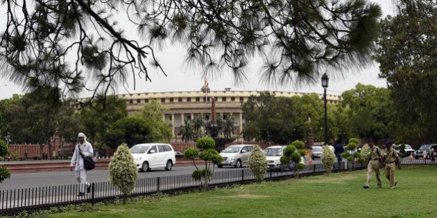NEW DELHI, INDIA - MAY 3: A View of Parliament Building during the Parliament Session on May 3, 2016 in New Delhi, India. With the BJP mounting an offensive against Congress vice-president on the AgustaWestland VVIP chopper bribery case, Rahul Gandhi on Wednesday said he is happy to be targeted. (Photo by Sonu Mehta/Hindustan Times via Getty Images)