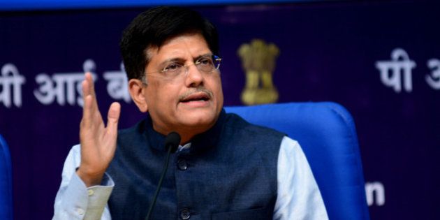 NEW DELHI, INDIA - MAY 27: Piyush Goyal Minister of State with Independent Charge for Power, Coal and New & Renewable Energy addressing the media on completion of one year of NDA govt. at National Media Centre on May 27, 2015 in New Delhi, India. (Photo by Ramesh Pathania/Mint via Getty Images)