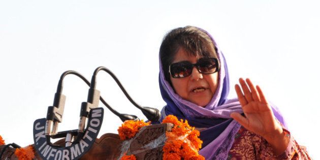 JAMMU, INDIA - APRIL 29: Jammu And Kashmir Chief Minister Mehbooba Mufti addressing the gathering after the inaguration of tourist complex at Jia Potha, Akhnoor on April 29, 2016 in Jammu, India. (Photo by Nitin Kanotra/Hindustan Times via Getty Images)