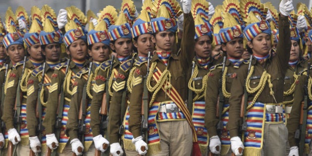 NEW DELHI, INDIA - JANUARY 21: All women contingent of CRPF during the rehearsal for Republic Day Parade on January 21, 2016 in New Delhi, India. Annual parade is held at Rajpath on January 26 to mark India's Republic Day Celebrations, which extends for 3 days. The parade showcases Indiaâs Defence Capability, Cultural and Social Heritage. (Photo by Vipin Kumar/Hindustan Times via Getty Images)