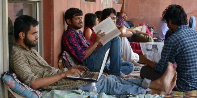 NEW DELHI, INDIA APRIL 28: JNU Students' Union President Kanhaiya Kumar, Umar Khalid along with other students started indefinite hunger strike against punishments at administration block in New Delhi.(Photo by K Asif/India Today Group/Getty Images)
