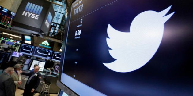 The symbol for Twitter appears above its trading post on the floor of the New York Stock Exchange, Wednesday, May 4, 2016. U.S. Sen. Elizabeth Warren has taken to Twitter to attack what she calls presumptive Republican presidential nominee Donald Trump's
