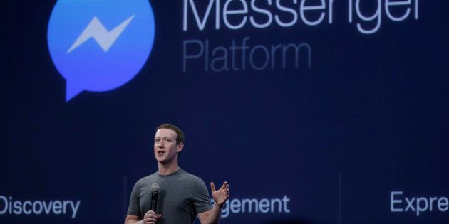 CEO Mark Zuckerberg talks about the Messenger app during the Facebook F8 Developer Conference Wednesday, March 25, 2015, in San Francisco. Facebook is trying to mold its Messenger app into a more versatile communications channel as smartphones create new ways for people to connect with friends and businesses beyond the walls of the company's ubiquitous social network. (AP Photo/Eric Risberg)