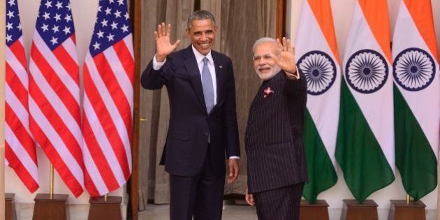 NEW DELHI, INDIA JANUARY 25: Prime Minister Narendra Modi and U.S. President Barack Obama gathers, before a meeting at Hyderabad House on January 25, 2015 in New Delhi, India. (Photo by Pradeep Gaur/Mint via Getty Images)