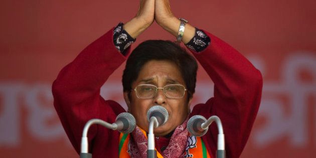 India's ruling Bharatiya Janata Party (BJP) chief ministerial candidate Kiran Bedi gestures during an election campaign rally ahead of Delhi state election in New Delhi, India, Wednesday, Feb. 4, 2015. Delhi goes to the polls on Feb. 7. (AP Photo/Saurabh Das)