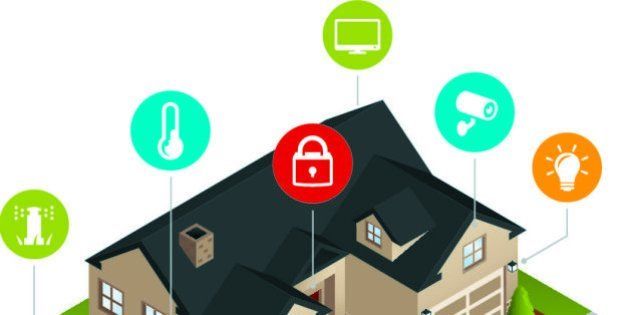 An isometric smart home with home automation capabilities. Home automation, smarthome, sprinklers, irrigation, cooling, locks, television, home security, camera, lights.