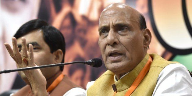 NEW DELHI, INDIA - MARCH 20: Home Minister Rajnath Singh during a press conference claims that BJP party is different from all other political parties in terms of ideology and leadership, at BJP HQ on March 20, 2016 in New Delhi, India. Singh said that the party is open to criticism against government but not against the nation. (Photo by Arvind Yadav/Hindustan Times via Getty Images)