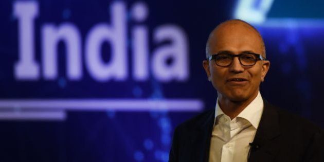 Microsoft CEO Satya Nadella takes part in a Microsoft event in New Delhi on May 30, 2016.Nadella met with Indian developers and tech entrepreneurs on his visit to India. / AFP / MONEY SHARMA (Photo credit should read MONEY SHARMA/AFP/Getty Images)
