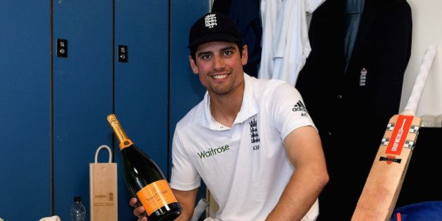 CHESTER-LE-STREET, ENGLAND - MAY 30: England captain Alastair Cook relaxes in the dressing room after reaching 10,000 test runs and winning the 2nd Investec Test match between England and Sri Lanka at Emirates Durham ICG on May 30, 2016 in Chester-le-Street, United Kingdom.
