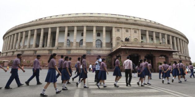NEW DELHI, INDIA - MAY 3: School students arrive at Parliament House during the Parliament Session on May 3, 2016 in New Delhi, India. With the BJP mounting an offensive against Congress vice-president on the AgustaWestland VVIP chopper bribery case, Rahul Gandhi on Wednesday said he is happy to be targeted. (Photo by Sonu Mehta/Hindustan Times via Getty Images)