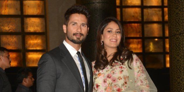 MUMBAI, INDIA MAY 13: Shahid Kapoor with his wife Mira Rajput at Preity Zinta and Gene Goodenoughs wedding reception ceremony at St. Regis Hotel in Mumbai.(Photo by Milind Shelte/India Today Group/Getty Images)
