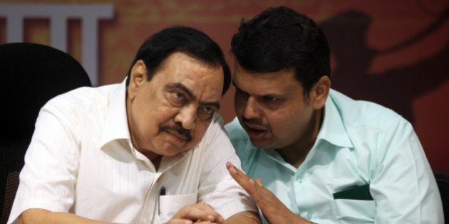 MUMBAI, INDIA - SEPTEMBER 25: BJP leaders Eknath Khadse and Devendra Fadnavis during a press conference on September 25, 2014 in Mumbai, India. The BJP ended its 25-year-old alliance with the Shiv Sena and decided to contest the upcoming Maharashtra Assembly elections with smaller allied parties. (Photo by Kunal Patil/Hindustan Times via Getty Images)