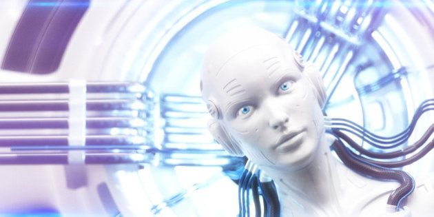 Female robot head with connected cables and glow of light in the background. Illustration symbolising artificial intelligence.