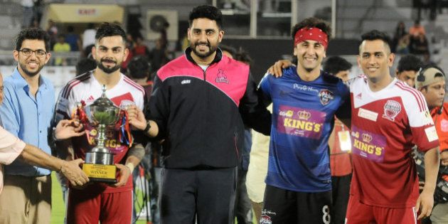 MUMBAI, INDIA JUNE 03: Virat Kohli, MS Dhoni pose along with Bollywood actors Abhisek Bachchan and Ranbir Kapoor during Clasico 2016 charity football match in Mumbai.(Photo by Milind Shelte/India Today Group/Getty Images)