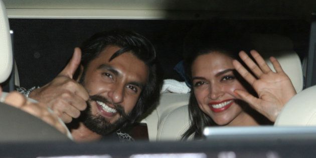 MUMBAI, INDIA NOVEMBER 16: Ranveer Singh and Deepika Padukone during the promotion of their movie Ram-Leela in Mumbai.(Photo by Milind Shelte/India Today Group/Getty Images)