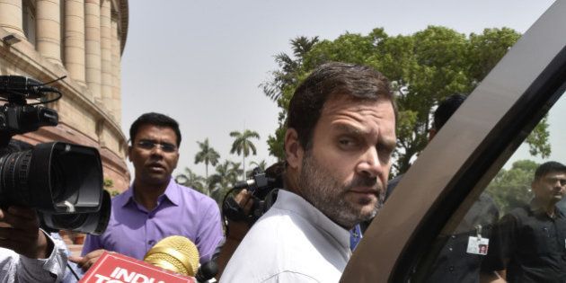 NEW DELHI, INDIA - MAY 4: Congress Vice President Rahul Gandhi at Parliament House during the Parliament Session on May 4, 2016 in New Delhi, India. Congress walked out of the House demanding time-bound for Supreme Court-monitored CBI probe on the AgustaWestland helicopter deal. (Photo by Arvind Yadav/Hindustan Times via Getty Images)
