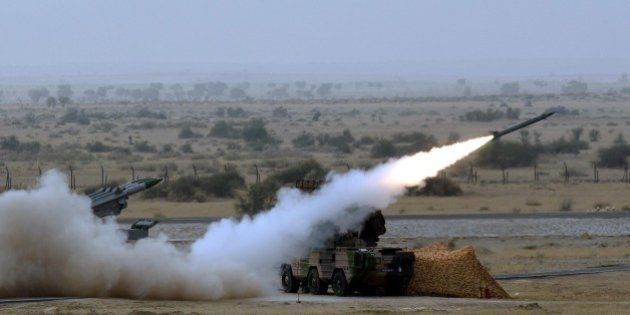 POKHRAN, INDIA - MARCH 18: Medium-range mobile surface-to-air Akash Missiles being fired during Indian Air Force firepower show, âExercise Iron Fistâ on March 18, 2016 in the desert of Pokhran, India. (Photo by Sonu Mehta/Hindustan Times via Getty Images)