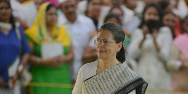 NEW DELHI, INDIA MAY 21: Congress President Sonia Gandhi after paying tributes to former Prime Minister Rajiv Gandhi on his 25th death anniversary, at his memorial 'Vir Bhumi' in New Delhi.(Photo by Pankaj Nangia/India Today Group/Getty Images)