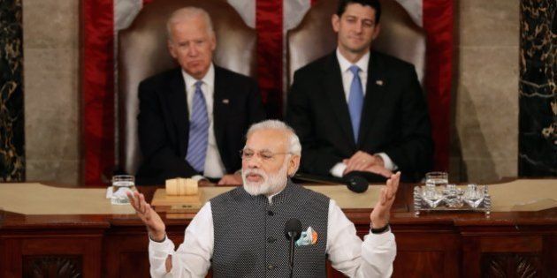 WASHINGTON, DC - JUNE 08: Indian Prime Minister Narendra Modi addresses a joint meeting of the U.S. Congress with Speaker of the House Paul Ryan (R-WI) (C) and Vice President Joe Biden (2nd L) in the House Chamber of the U.S. Capitol June 8, 2016 in Washington, DC. Modi met with President Barack Obama for bilateral meetings on Tuesday. (Photo by Chip Somodevilla/Getty Images)