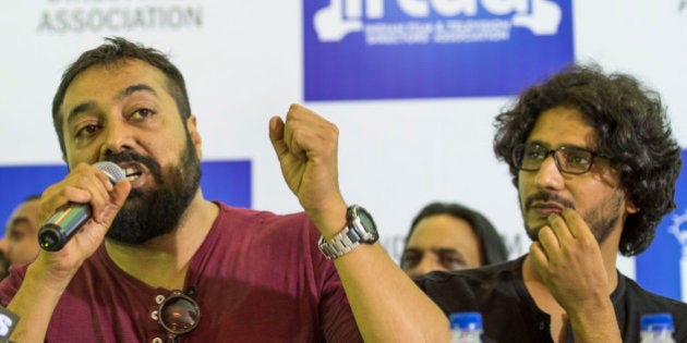 MUMBAI, INDIA - JUNE 8: (From left) Filmmaker Anurag Kashyap and director Abhishek Chaubey at a press conference organised by The Indian Film & Television Directors Association to express solidarity with the team of Udta Punjab on June 8, 2016 in Mumbai, India. Udta Punjab is slated for release on June 17. The Central Board Of Film Certification (CBFC) headed by Pahlaj Nihalani has now held back the films certification, demanding 89 cuts in total and removal of any references to the state of Punjab, politics or elections, in general. (Photo by Satish Bate/ Hindustan Times)