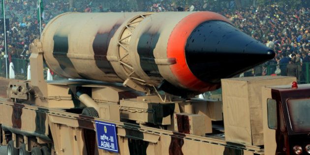 India's nuclear-capable Agni III missile rolls past during the final full dress rehearsal for the Indian Republic Day parade in New Delhi on January 23, 2010. India will celebrate its 61st Republic Day on January 26 with a large military parade. AFP PHOTO/RAVEENDRAN (Photo credit should read RAVEENDRAN/AFP/Getty Images)