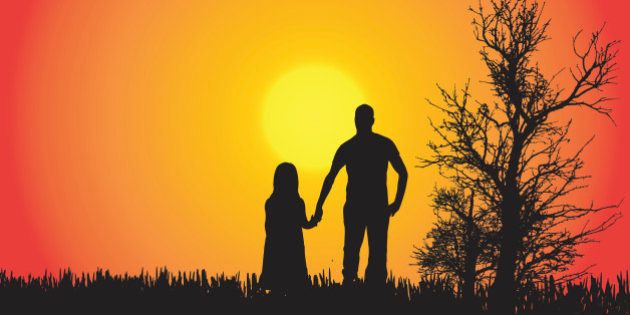 Vector silhouette of a family in the countryside at sunset.