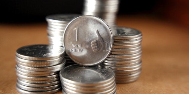 Pile of Indian Rupee coins.