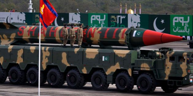 A Pakistani-made Shaheen-III missile, capable of carrying nuclear war heads, loaded on a trailer rolls down during a military parade to mark Pakistan's Republic Day in Islamabad, Pakistan, Wednesday, March 23, 2016. Pakistan's President praised his country's security forces and pledged to continue the fight against terrorism, speaking at a rally during a national holiday. During the rally, attended by several thousand people, Pakistan displayed nuclear-capable weapons, tanks, jets, drones and other weapons systems. (AP Photo/Anjum Naveed)