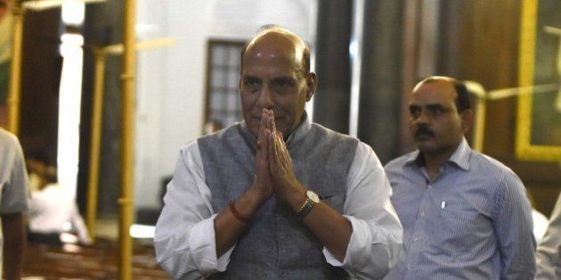 NEW DELHI, INDIA - MAY 28: Home Minister Rajnath Singh after paying tribute to right-wing ideologue Veer Savarkar on his 133 birth anniversary, at Central Hall of Parliament House, on May 28, 2016 in New Delhi, India. Born on May 28, 1883 in Nashik in Maharashtra, Vinayak Damodar Savarkar, later known as Swatantraveer Savarkar, was a revolutionary and Hindu nationalist who was imprisoned by the British in the Cellular Jail in Andaman and Nicobar Islands. (Photo by Sonu Mehta/Hindustan Times via Getty Images)