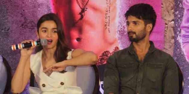 MUMBAI, INDIA - JUNE 14: Bollywood actors Alia Bhatt and Shahid Kapoor during a press conference of Udta Punjab at J W Marriott, Juhu, on June 14, 2016 in Mumbai, India. The film which was cleared for release as scheduled on 17th June 2016, with only one cut and an 'A' certification. Anurag Kashyap stated that, 'Udta Punjab is Far from politics and is closest to reality.' (Photo by Pramod Thakur/Hindustan Times via Getty Images)