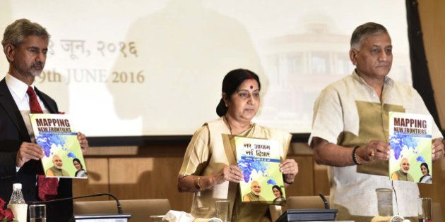 NEW DELHI, INDIA - JUNE 19: External Affairs Minister Sushma Swaraj with Minister of State V.K. Singh and Foreign Secretary S. Jaishankar during an annual press conference at Ministry of External Affairs, Jawaharlal Nehru Bhawan, on June 19, 2016 in New Delhi, India. Swaraj said, 'China is not protesting membership of India in NSG, it is only talking of criteria procedure.' She also said India would not oppose any other application for entry into the NSG but underlined the final decision should be decided on merits. (Photo by Arvind Yadav/Hindustan Times via Getty Images)